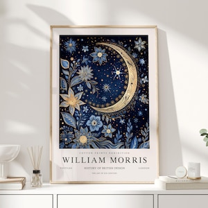 William Morris Print, William Morris Art, Celestial Artwork, Moon Print, Space Print, Night Sky Print, Moon and Stars, Stars Print