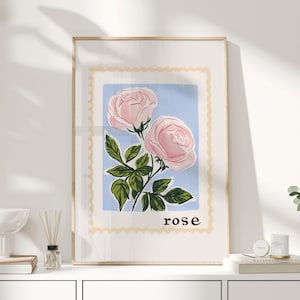 Kunst Druck rosa Rose | Poster mit Pflanzenmotiv | Shabby Chic Cottagecore Blumen Illustration | Romantische Garten Dekoration