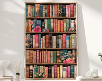 Vintage Bücherregal Wandkunst | Academia Bibliothek Print mit Blumen | Cottagecore Buchliebhaber Poster