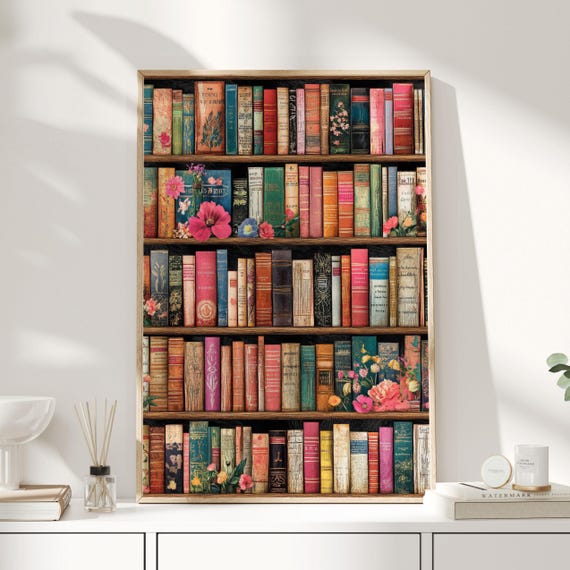 Vintage Bookshelf Wall Art | Dark Academia Library Print with Flowers | Cottagecore Book Lover Poster