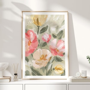 Floral Wall Art Print, Pastel Flower Painting Poster, Cottagecore Botanical Artwork, Feminine Bedroom Living Room Spring Decor