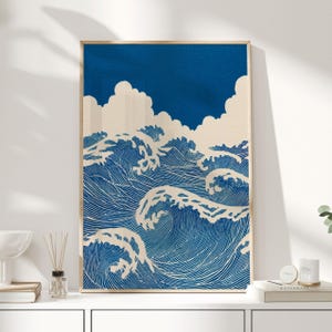 Japanese Wave Print – Blue Ocean Wall Art in Ukiyo-e Style – Coastal Poster for Beach House or Nautical Decor
