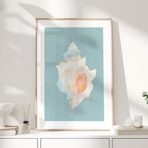 Coastal Seashell Wall Art Print, Conch Shell Poster in Blue and Peach, Ocean Beach Bathroom Decor, Coastal Cottage Nautical Wall Print