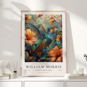 Impresión de William Morris, arte de William Morris, póster de exposición, pájaros William Morris, William Morris Blue, colibrí, impresión artística, arte de pared