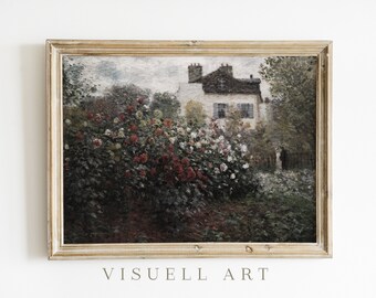 Cottage Oil Painting | Rose Garden Wall Art | Floral Vintage Muted ...