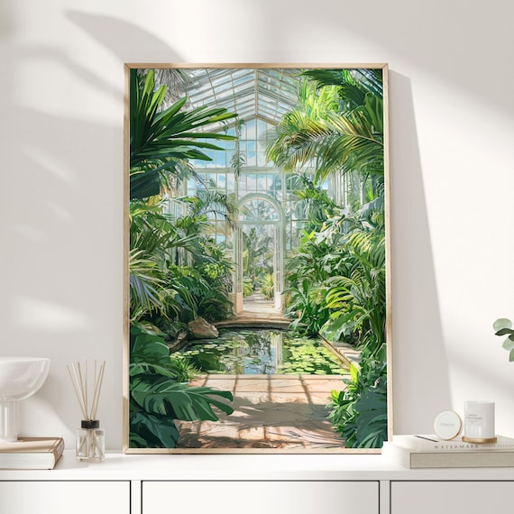 Kew Gardens Palm House Print | Botanical Greenhouse Wall Art | Tropical Garden Pond & Glasshouse Interior | Nature Lover Gift