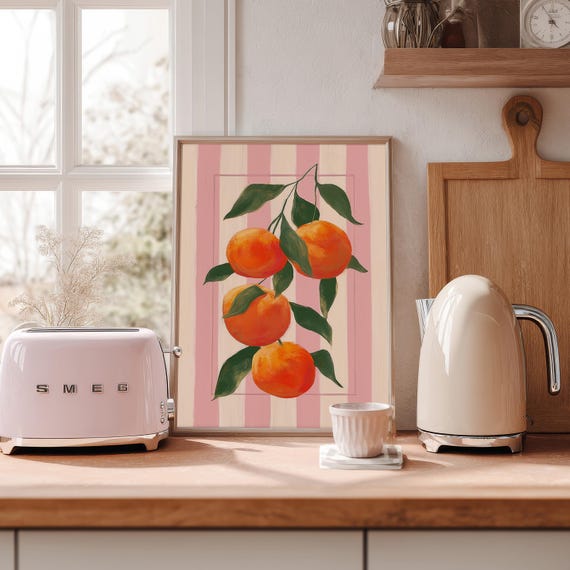 Pink Pantry Oranges - Citrus Wall Art Kitchen Print Vintage Style Fruit Illustration