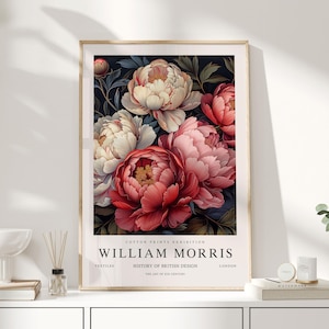 Impression William Morris, art William Morris, affiche de l'exposition, cadeaux botaniques, déco pivoine, impression pivoine, impression d'art, art mural rose