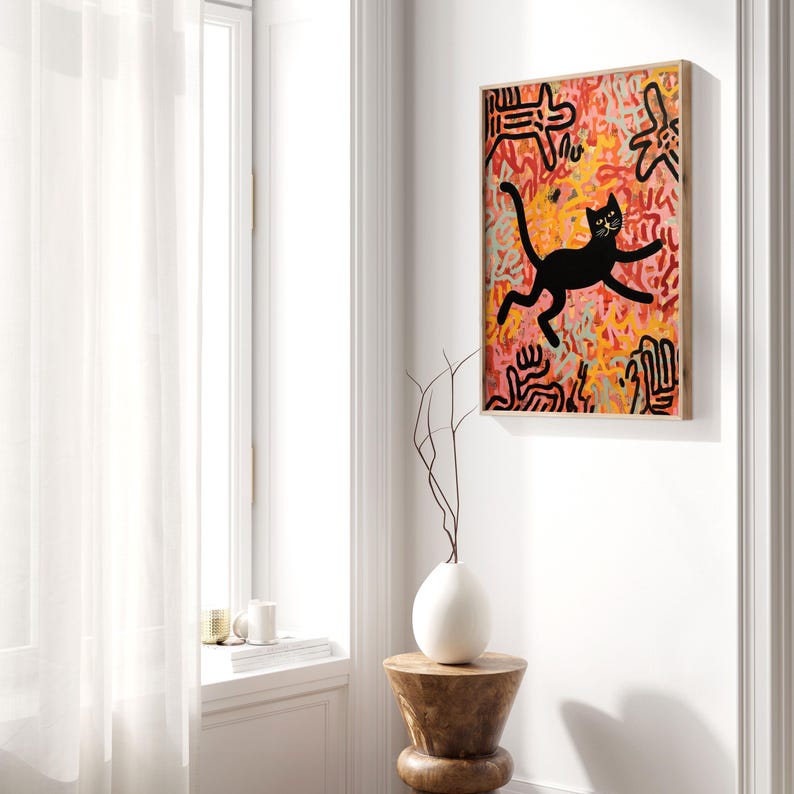 Graffiti Cat Wall Art Print | Keith Haring Style Cat Poster | Colourful ...