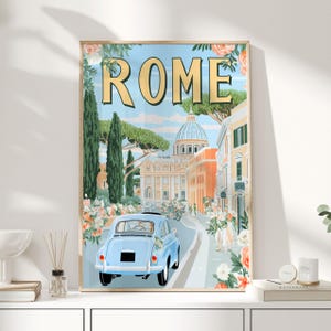 Rome Travel Poster Print, Vintage Italian Wall Art of Rome with Classic Car and St Peter’s Basilica, Retro Italy Home Decor Artwork