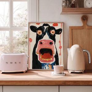 Funny Cow Wall Art Print, Colorful Farm Animal Poster, Whimsical Kitchen Decor For Modern Farmhouse
