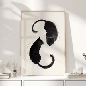 Impresión Sumi-e de gato negro: arte japonés con pincel de tinta. Arte mural minimalista de gato estilo zen para dormitorio, pasillo o galería.