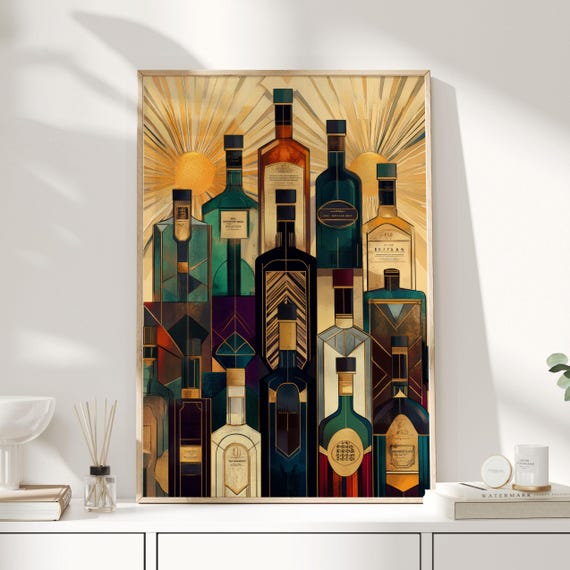 Art Deco Liquor Bottle Wall Art | Vintage Bar Print With Sunburst
