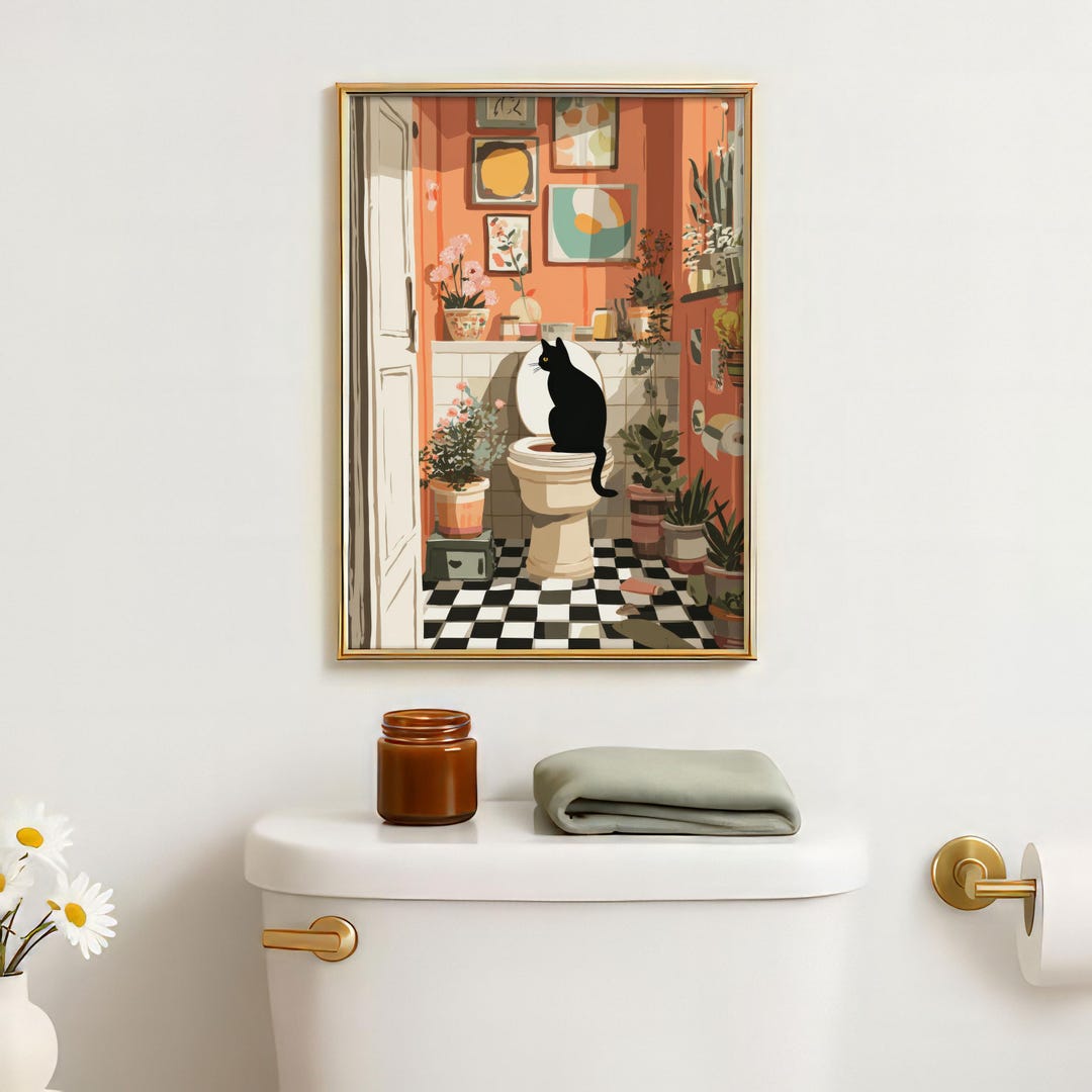 Black Cat Bathroom Art Print | Funny Cat Wall Art | Quirky Bathroom ...