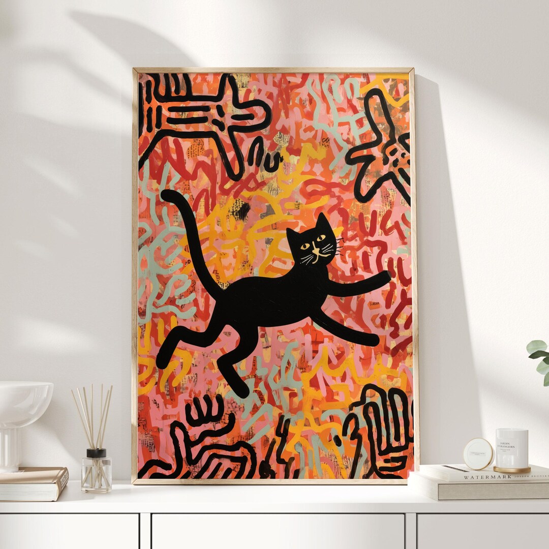 Graffiti Cat Wall Art Print | Keith Haring Style Cat Poster | Colourful ...