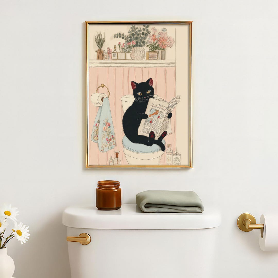 Black Cat Toilet Art Print | Funny Bathroom Wall Art | Cat Lover Gift ...