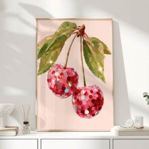 Cherry Wall Art Print, Pop Art Fruit Poster, Retro Kitchen Artwork, Colourful Cherry Illustration, Bold Maximalist Wall Decor