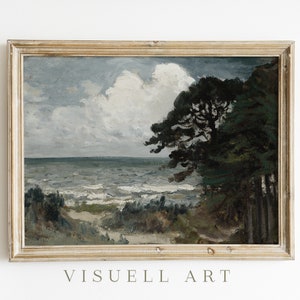 Vintage Rustic Seascape Painting Art, Seaside Painting Coastal Vintage Landscape Print, Printable Digital Download