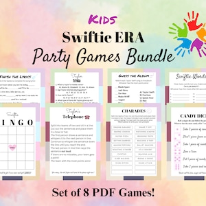 Paquete de juegos de fiesta KIDS Swiftie Era / Juegos de fiesta de cumpleaños / Juegos de fiesta de pijamas / Juegos de fiesta imprimibles / ERAs Tour / 8 juegos