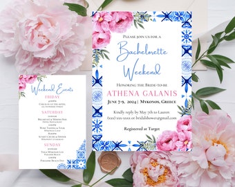 Greece Themed Bachelorette Party Invitation and Itinerary Template | Editable Templates | Canva Edit | Destination Party | Instant Download