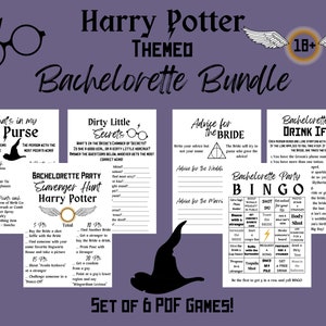 May include: A set of six printable Harry Potter themed hen party games. The games include "What's in my Purse", "Dirty Little Secrets", "Advice for the Bride", "Hen Party Drink If", "Hen Party Bingo", and "Scavenger Hunt".