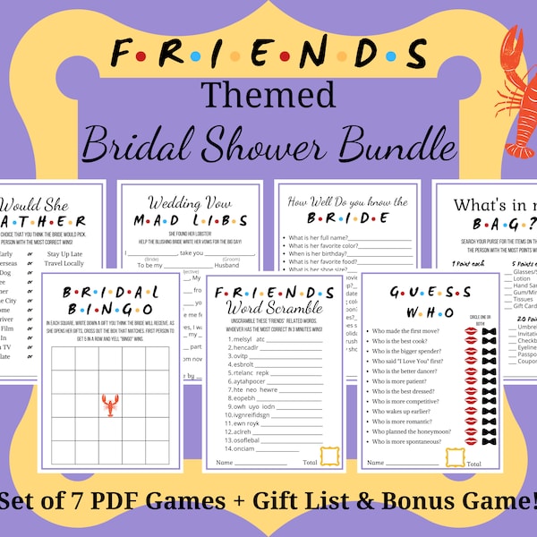 Friends Themed BRIDAL SHOWER Games Bundle | Friends TV Show | Printable Games | Wedding Shower | Instant Download | Gift List | Set of 8