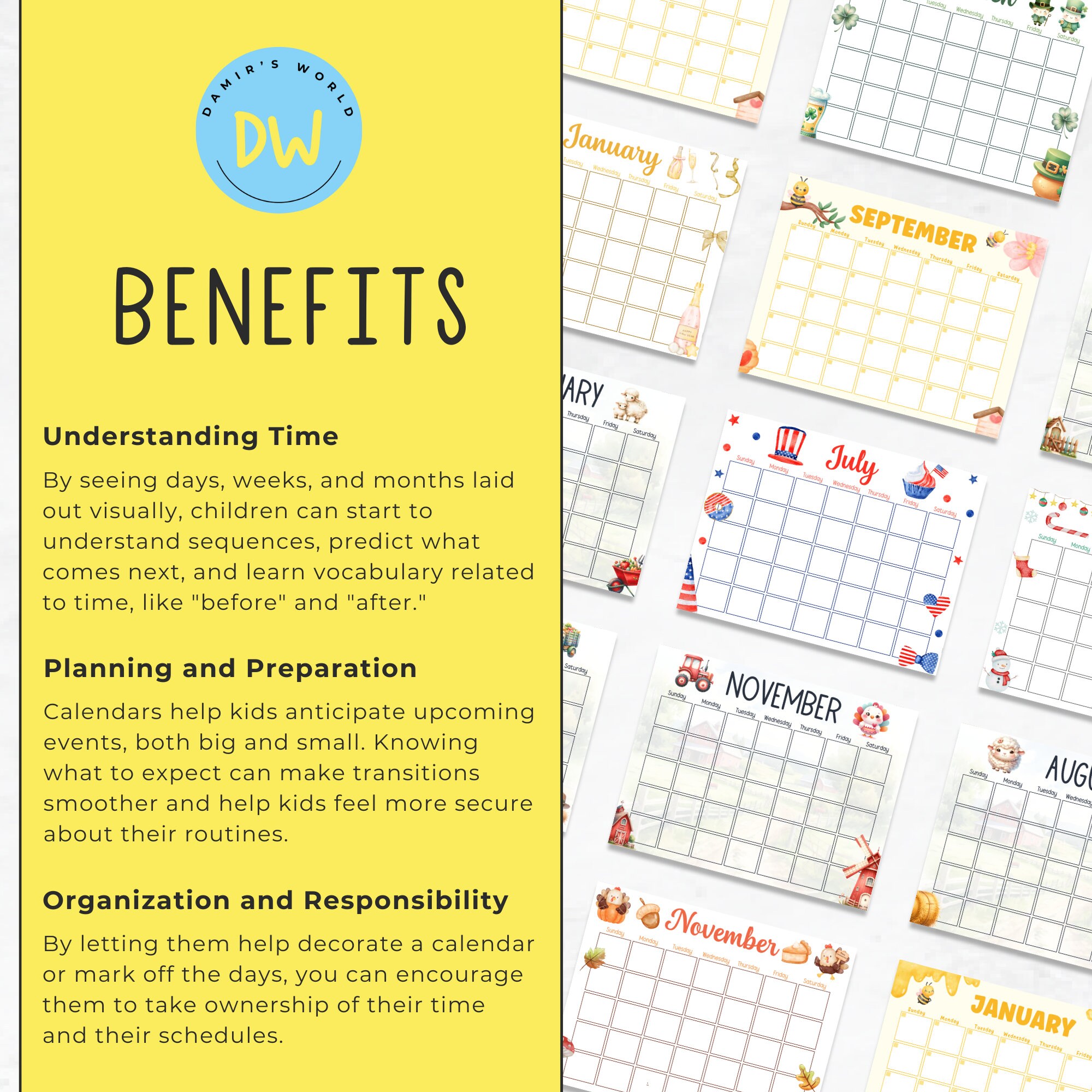 Printable Calendar Bundle for Kids, Undated Printable Kids Calendars ...