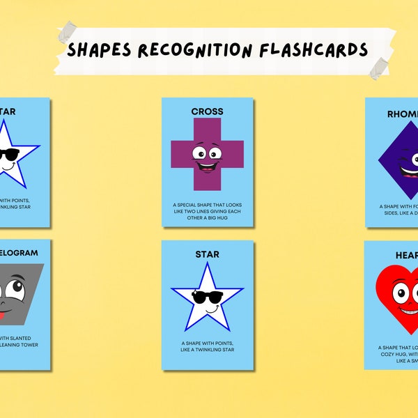 Shapes Recognition Flash Cards - Classroom Visual Shapes, Funny Faces Flashcards, Printable Preschool Resources, 2D Shapes, Math Vocabulary