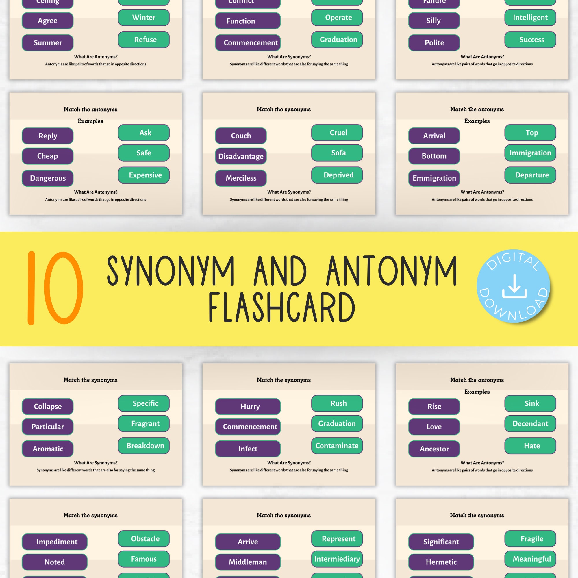 Synonym and Antonym Game - Printable Lesson for Kids, Learning English, Word Study Homeschool Toddler, Pre K Activities Vocabulary, Match up