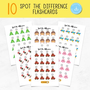Könnte beinhalten: Zehn druckbare Karteikarten mit einem Finde-den-Unterschied-Spiel. Jede Karte zeigt ein Raster mit bunten Comicbildern, wobei ein Bild von den anderen abweicht. Die Karten enthalten Bilder von Fröschen, Superhelden, Flugzeugen, Raketen, Autos und Kraken.