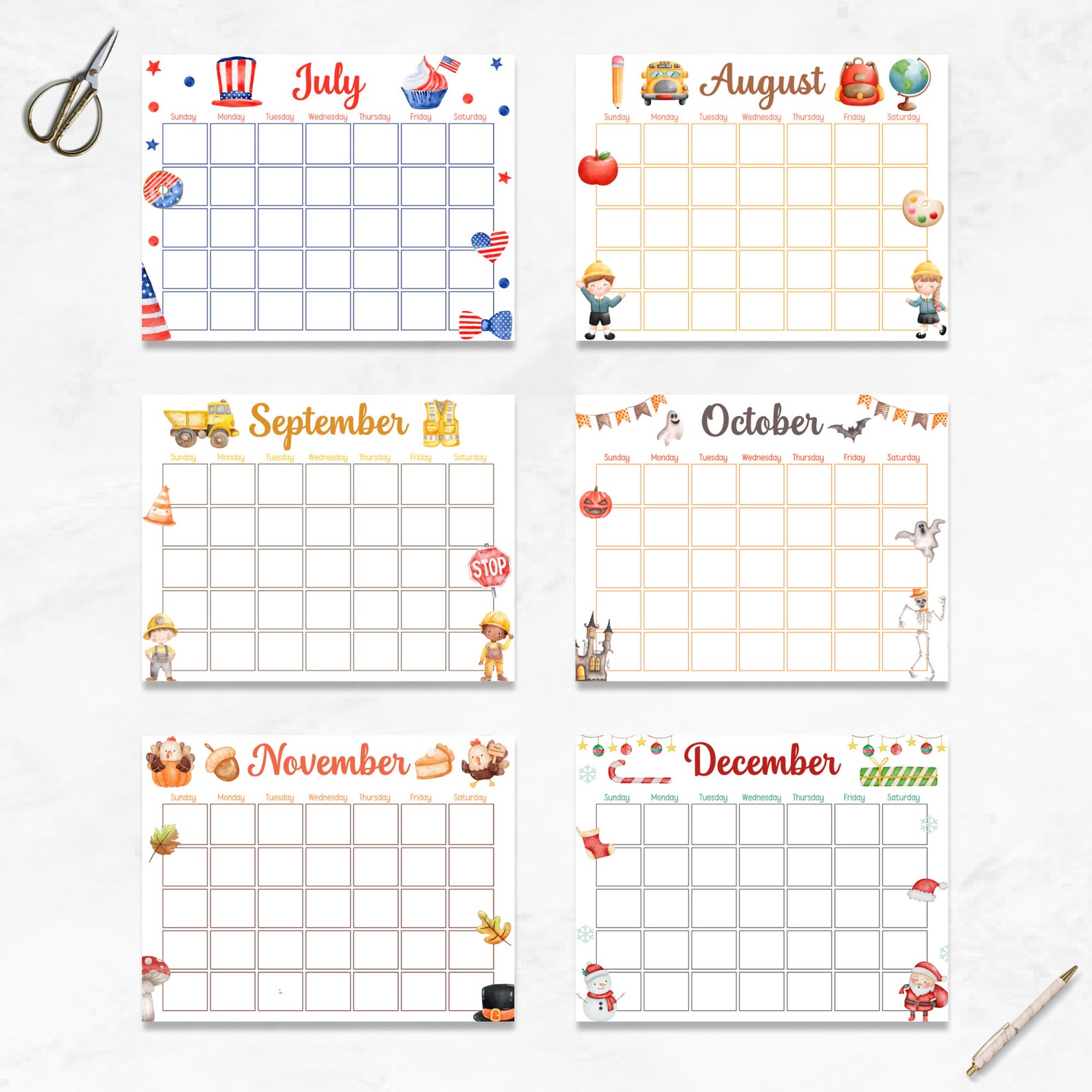 Printable Holiday Calendars for Kids, Homeschool Calendar, Undated ...