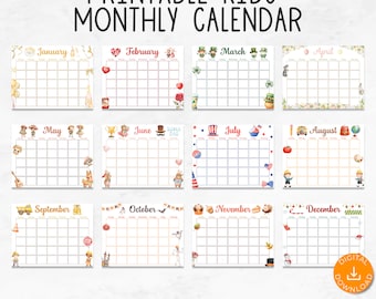 Printable Holiday Calendars for Kids, Homeschool Calendar, Undated Watercolor Calendars, Kids Monthly Planner, Academic Calendar