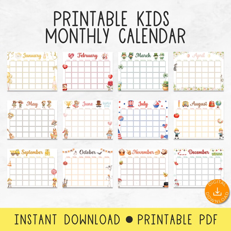 Printable Holiday Calendars for Kids, Homeschool Calendar, Undated ...