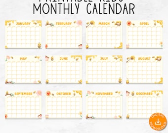 Bee Printable Calendars, Homeschool Calendar, Academic Calendar, Undated Watercolor Calendars, Kids Monthly Planner