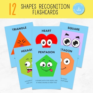 Cartões flash de reconhecimento de formas - formas visuais de sala de aula, cartões flash de rostos engraçados, recursos pré-escolares para impressão, formas 2D, vocabulário matemático