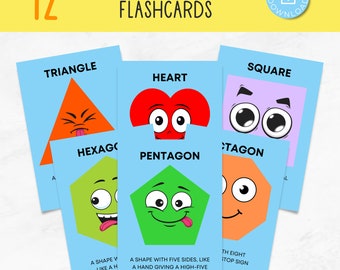 Shapes Recognition Flash Cards - Classroom Visual Shapes, Funny Faces Flashcards, Printable Preschool Resources, 2D Shapes, Math Vocabulary