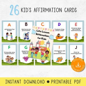 Flashcards de afirmação infantil - cartões ABC, 26 letras, downloads digitais, afirmação positiva para impressão, download digital, cartões de lição de vida