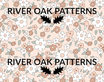 Padrão floral retrô neutro, sem costura, com flores boho em tons suaves para uso comercial.
