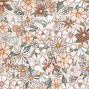 Retro-Vintage-Blumen-Musternahtlose digitale Datei Rapportmuster zur kommerziellen Nutzung 70er 70er-Jahre Flower Power rosa beige blau grün