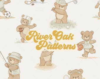More Sports Teddy Bear Seamless Pattern: Sage Green Hockey, Tennis, Baseball, Football, Golf, Basketball