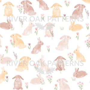 以下が含まれることがあります： 水彩で描かれたウサギと花をモチーフにしたシームレスパターン。ウサギは茶色、ピンク、黄色の様々な色合いで描かれており、花はピンク、紫、緑の色合いで描かれています。背景は白です。