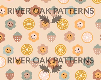 Boho Smiling Flowers Seamless Pattern: Retro Fruits (Digital Download)