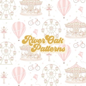 Op de afbeelding: Een herhalend patroon met illustraties van een carrousel, reuzenrad, luchtballon, fiets, vlieger en fee in roze en beige op een witte achtergrond. De tekst "River Oak Patterns" is in een gouden, retro lettertype.