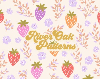 Summer Strawberries and Flowers Seamless File, romancecore pink purple Repeat Pattern for fabric printing