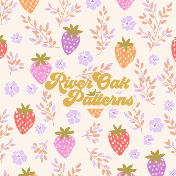 Summer Strawberries and Flowers Seamless File, romancecore pink purple Repeat Pattern for fabric printing