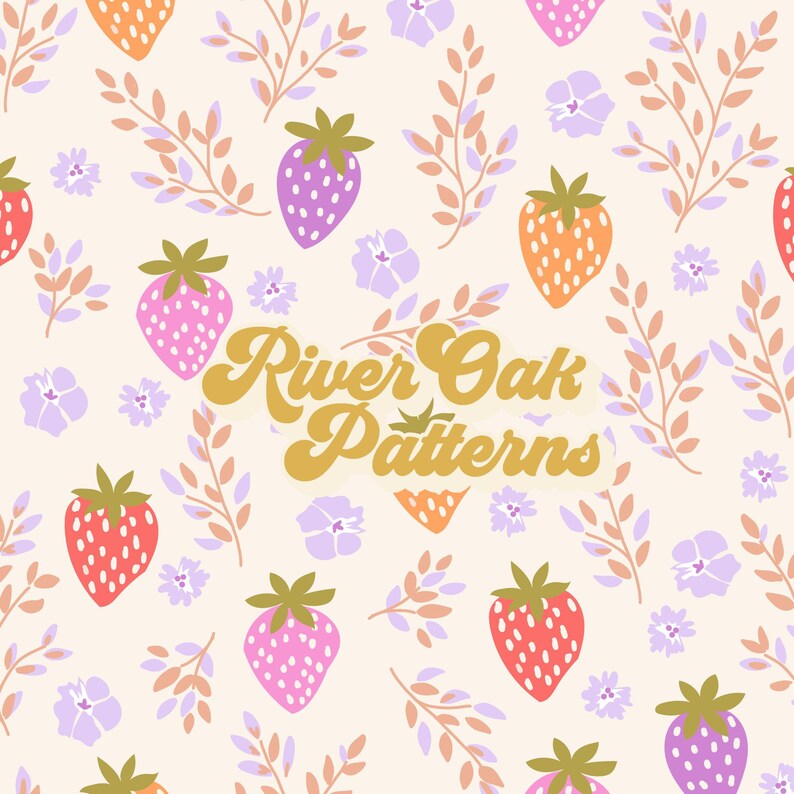May include: A seamless pattern featuring pink, red, and orange strawberries, purple flowers, and brown branches on a light beige background. The text "River Oak Patterns" is in the center of the design in a gold script font.