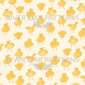 May include: A seamless pattern featuring yellow watercolor chicks on a light cream background. The chicks are in various poses, some facing forward, some facing backward, and some looking down. The pattern is perfect for creating a cheerful and playful design.