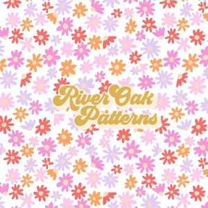 May include: A seamless pattern featuring a white background with a variety of colorful flowers in shades of pink, purple, orange, and red. The text "River Oak Patterns" is displayed in a retro font in gold.