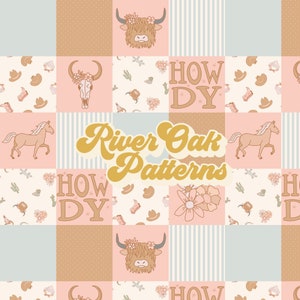 Boho Western Patchwork Seamless File - Highland Cow Skull Horse Flowers Stripes polka dots in muted Pink Green and Brown