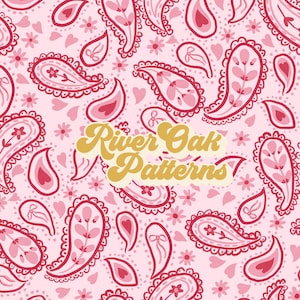 May include: A pink paisley pattern with red and pink details, featuring floral and heart motifs. The design includes the text "River Oak Patterns" in a retro font, ideal for fabric or wallpaper.